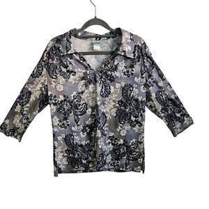 Sara Morgan Women's M 3/4 Sleeve Collared Blouse Gray Black Floral Baroque Print
